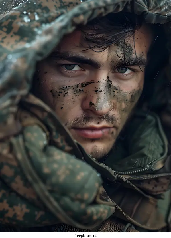 Portrait of a young soldier with mud on his face