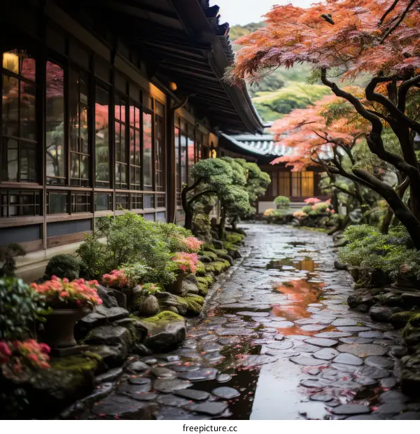 Japanese garden with a stone path, trees, and a pond