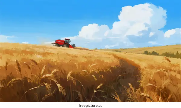 A Red Tractor Working in a Golden Wheat Field Under Blue Sky