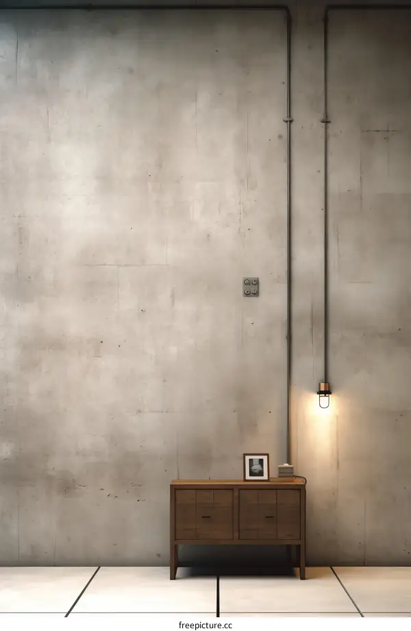 Industrial style concrete wall with wooden cabinet and picture frame