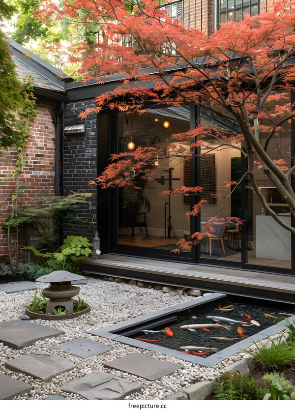 Courtyard with a Japanese maple tree and a koi pond