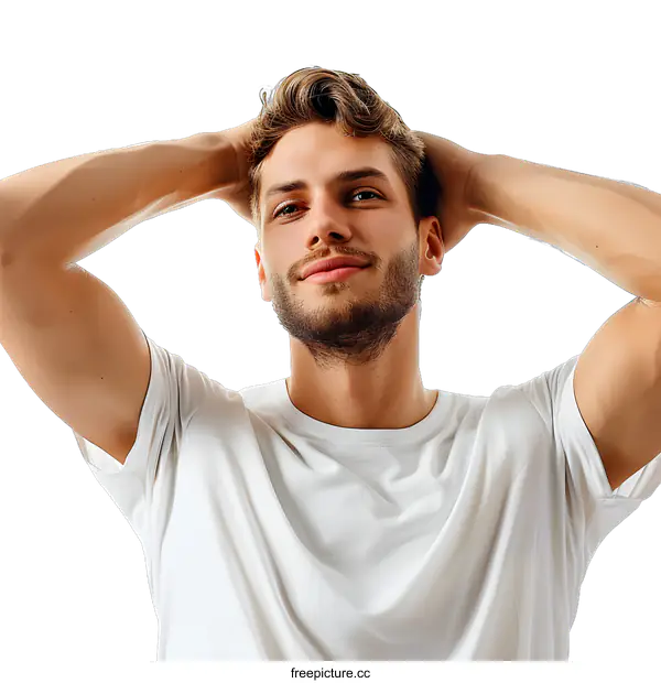 [Transparent Background PNG]Handsome young man with beard and brown hair wearing white t-shirt and looking at camera with hands on head