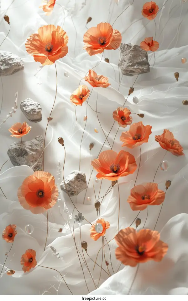 Orange poppies with rocks on white fabric background