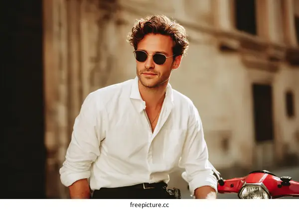 Stylish Caucasian Man Outdoors with Scooter