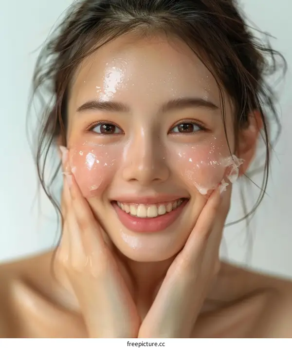 Close-up portrait of a beautiful young woman with wet hair and a clear complexion smiling at the camera.