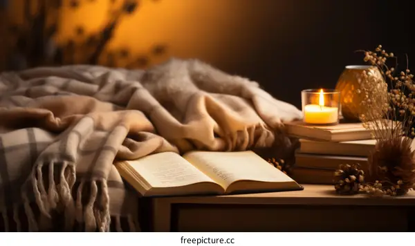 A cozy reading nook with a soft blanket, a flickering candle, and a stack of books.