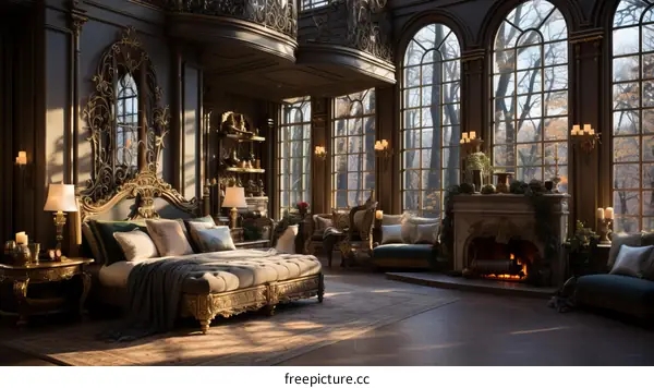 Ornate bedroom with fireplace and large windows