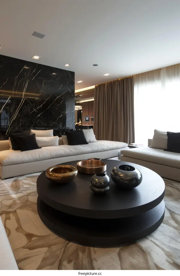 Modern Living Room with Black and White Marble Wall