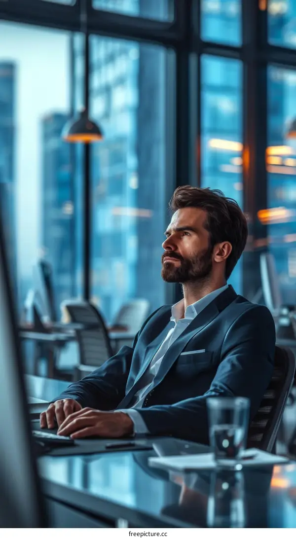 pensive businessman looking out office window