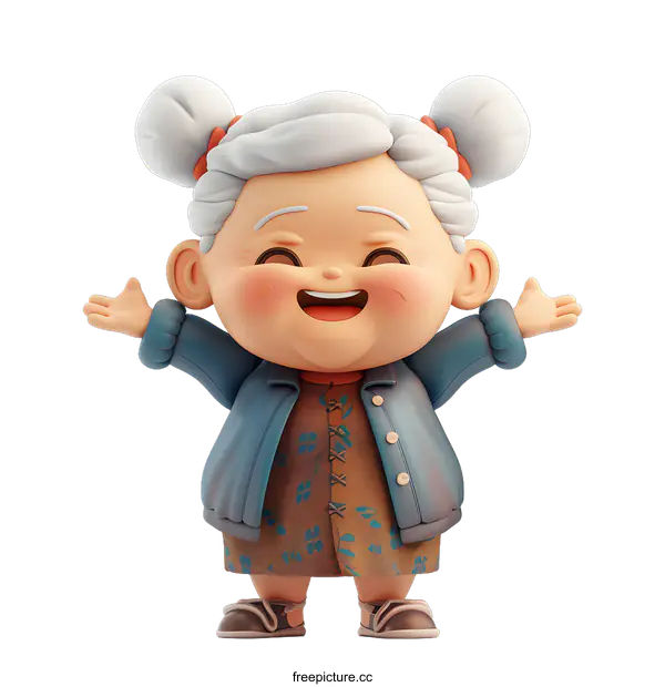 [Transparent Background PNG]A 3D illustration of a grandmotherly woman with white hair and a blue jacket