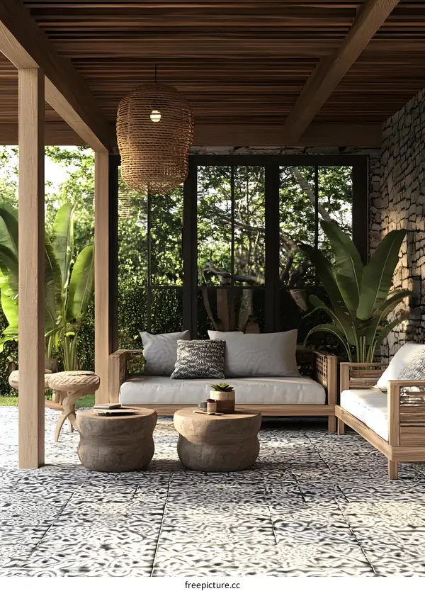 Modern Tropical Patio Design With Wooden Furniture And Lush Greenery