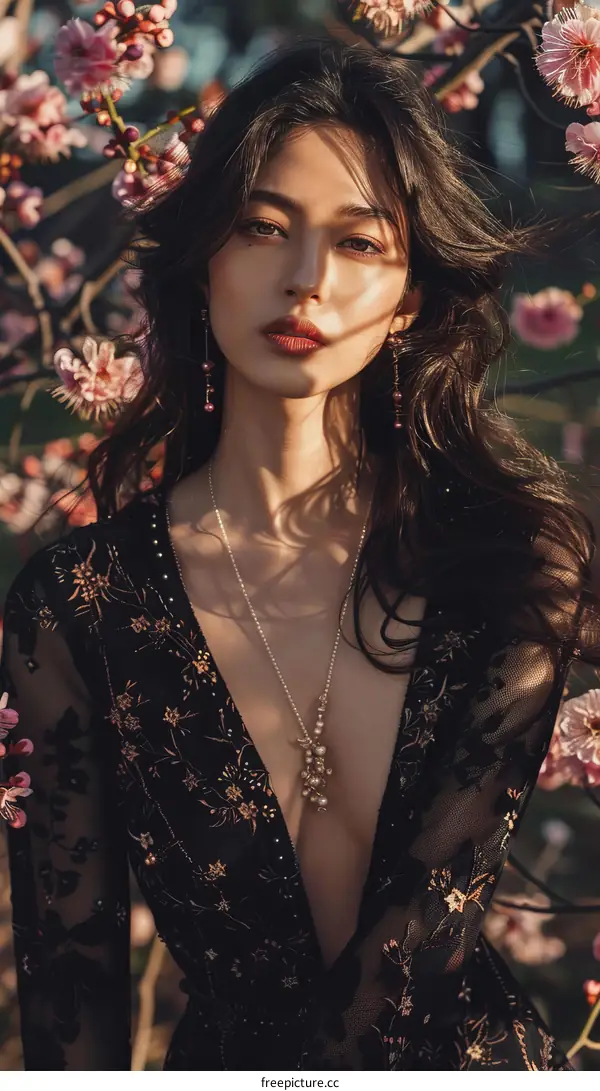 A beautiful Asian woman standing in a field of flowers