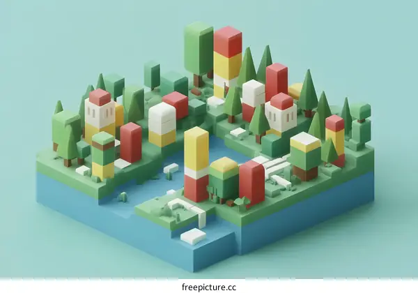 Low Poly Isometric Cityscape With River and Trees