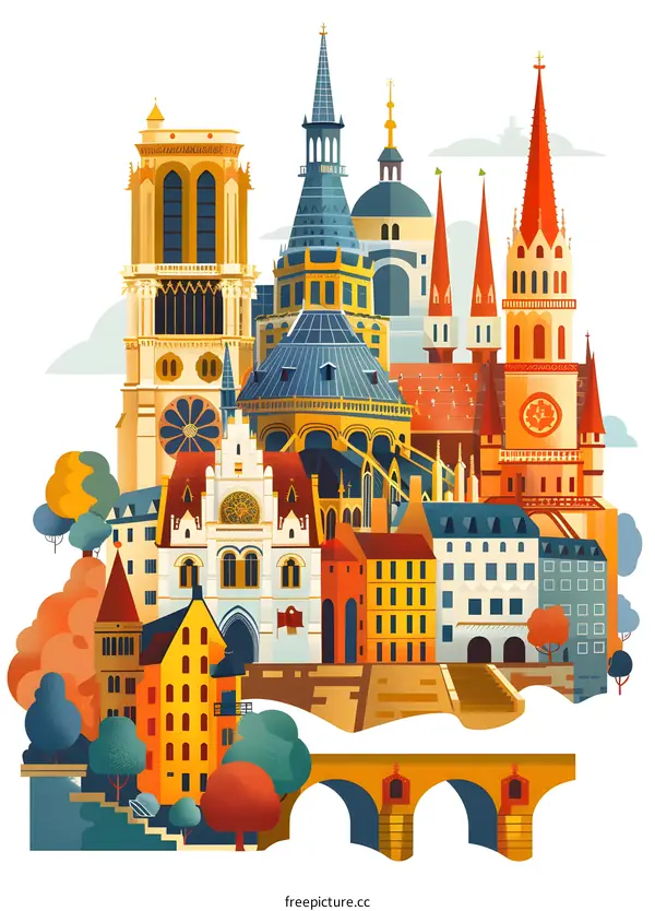 Colorful Illustration of European City Skyline With Famous Landmarks
