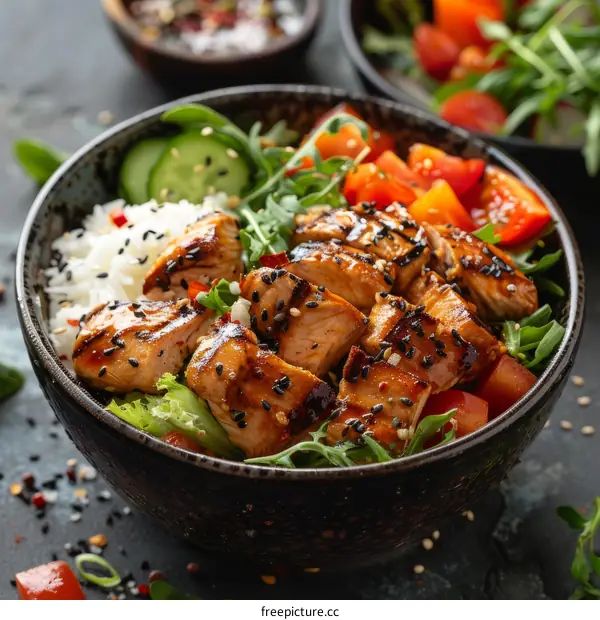 Chicken Teriyaki Bowl with Rice, Vegetables, and Salad