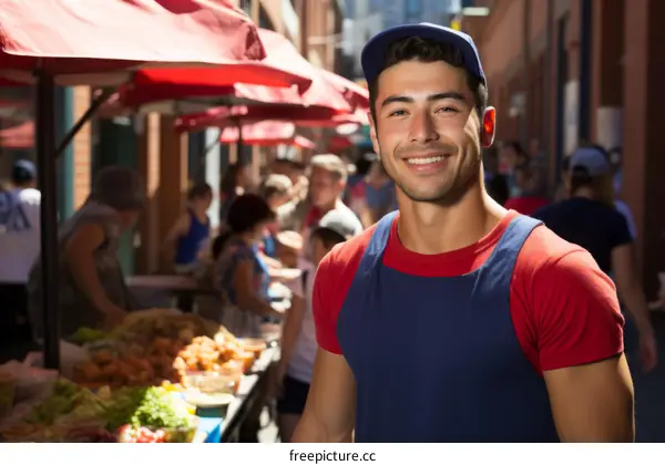 Portrait of a happy young man wearing a cap and apron in a busy outdoor market