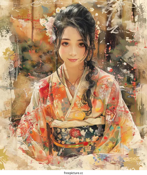 An illustration of a beautiful Asian woman in a kimono with a floral pattern and a red obi.