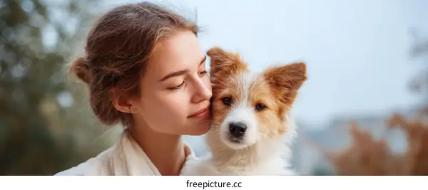 Woman and Puppy Outdoor Affectionate Portrait