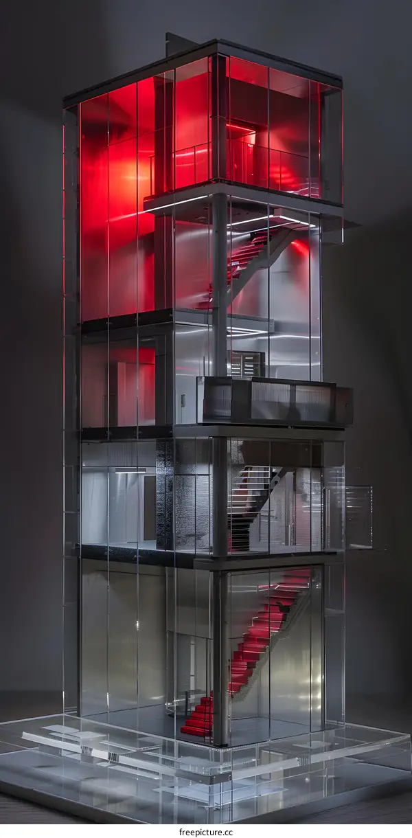 Glass Building Model With Red Staircase Interior Design