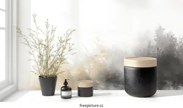 Modern Minimalist Bathroom Display with Plants and Accessories