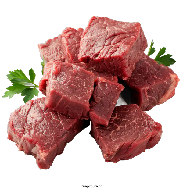 [Transparent Background PNG]Raw beef cubes with parsley on black background
