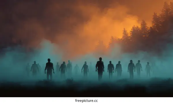 Mysterious Group of Human Figures in Misty Forest at Sunset