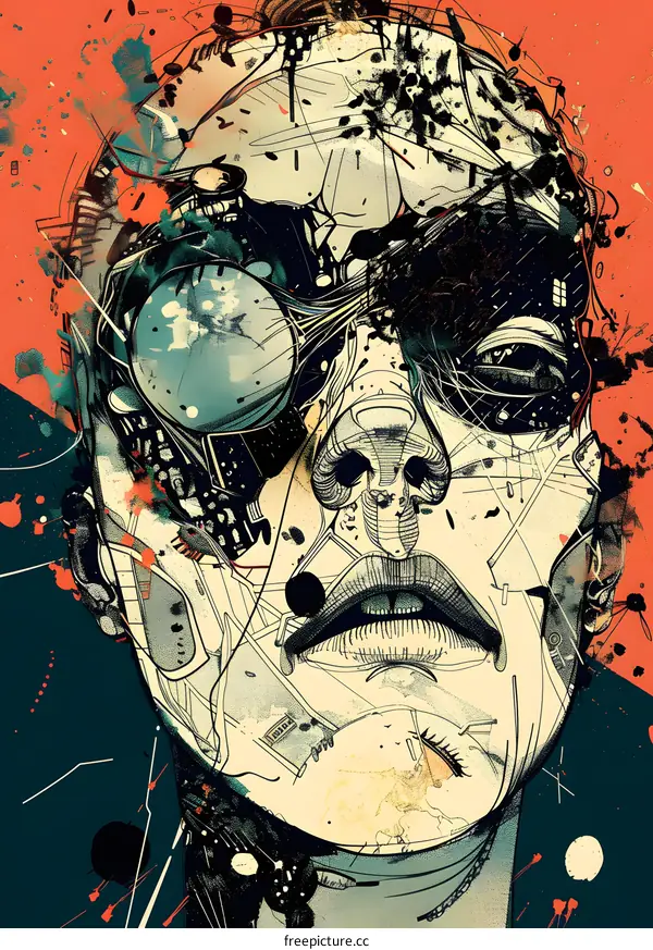 Abstract Portrait Illustration with Futuristic and Mechanical Elements