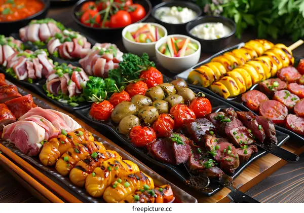 Various types of meat and vegetables on a table