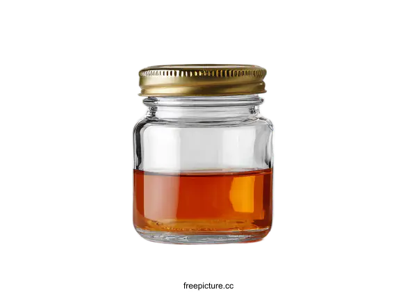 [Transparent Background PNG]Clear Glass Jar with Amber Liquid and Gold Lid