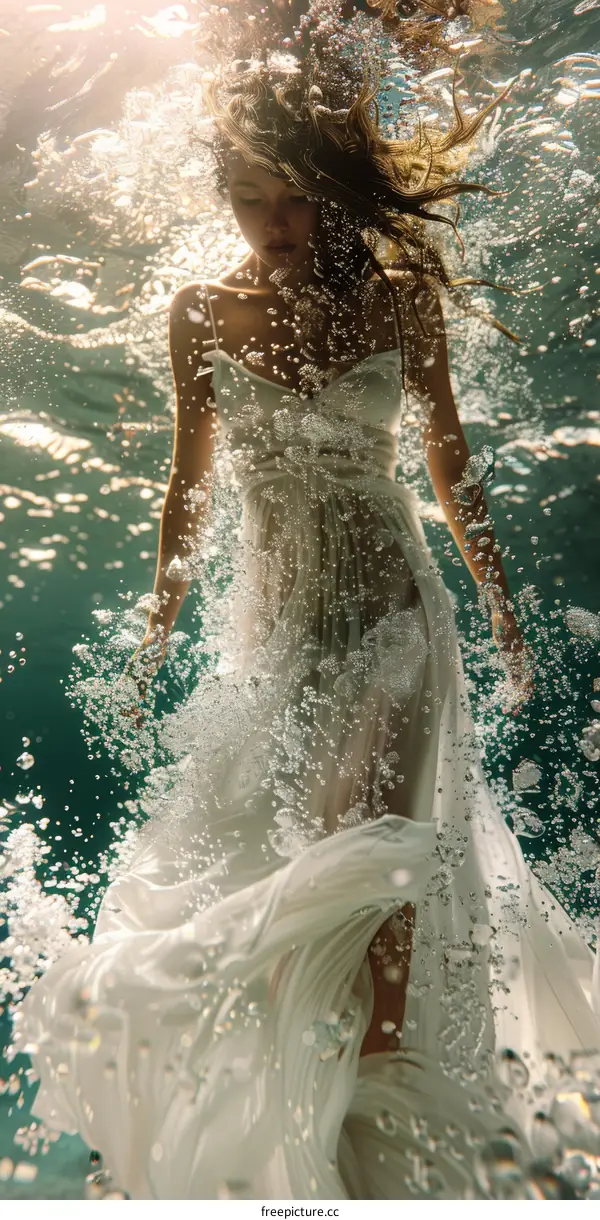 Underwater photoshoot of a woman in a white dress