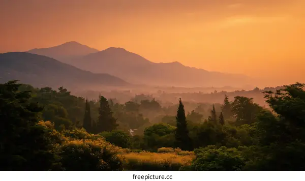 Sunrise Over Misty Mountains and Forests