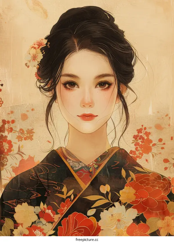 An illustration of a beautiful Japanese woman in a kimono with red and white flowers in her hair and a traditional Japanese pattern on her kimono.