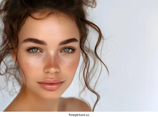 portrait of a beautiful young woman with freckles