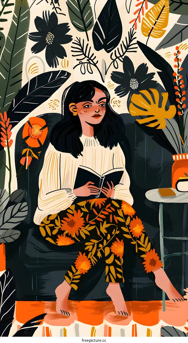 Woman Reading Book in a Cozy Room with Floral Patterns