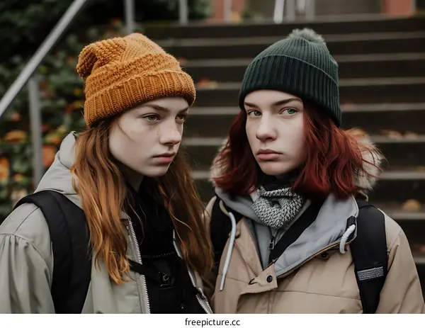 Two Young Women Standing on Stairs Wearing Winter Clothing