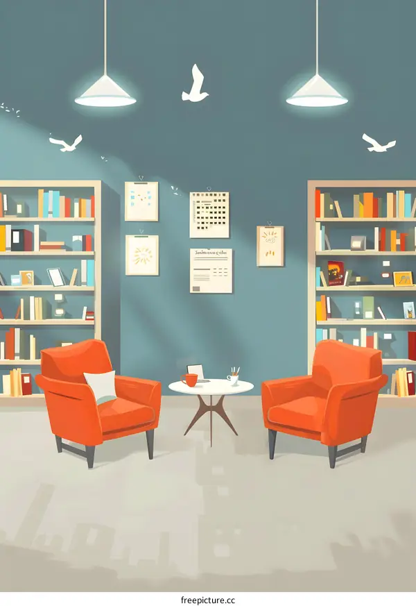 Cozy Living Room Illustration with Two Red Armchairs and Bookshelves