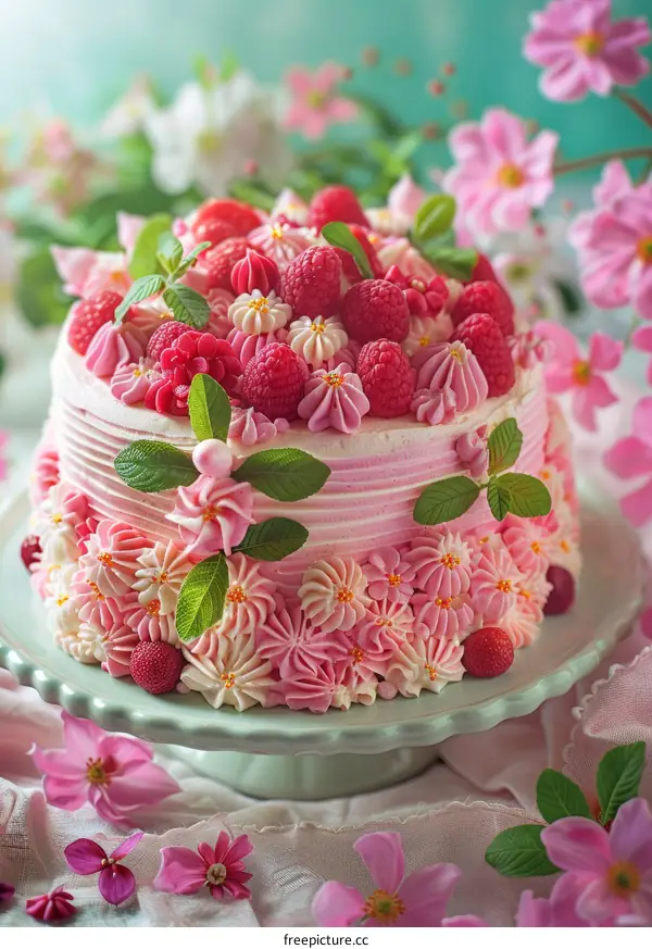 Pink Raspberry Cake with Flowers
