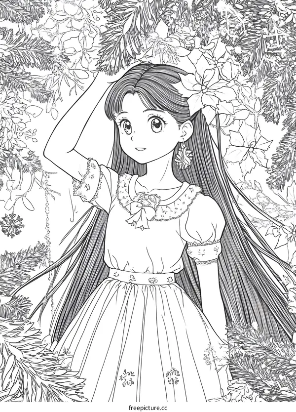 Beautiful Girl in a Dress Standing Near Flowers and a Christmas Tree Illustration