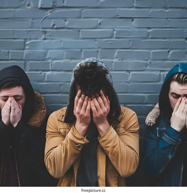 Three Men Standing With Their Faces Covered By Their Hands In Front Of A Brick Wall
