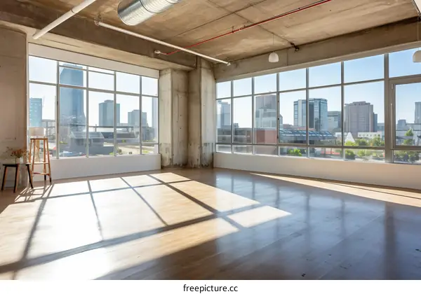 Large open room with floor to ceiling windows