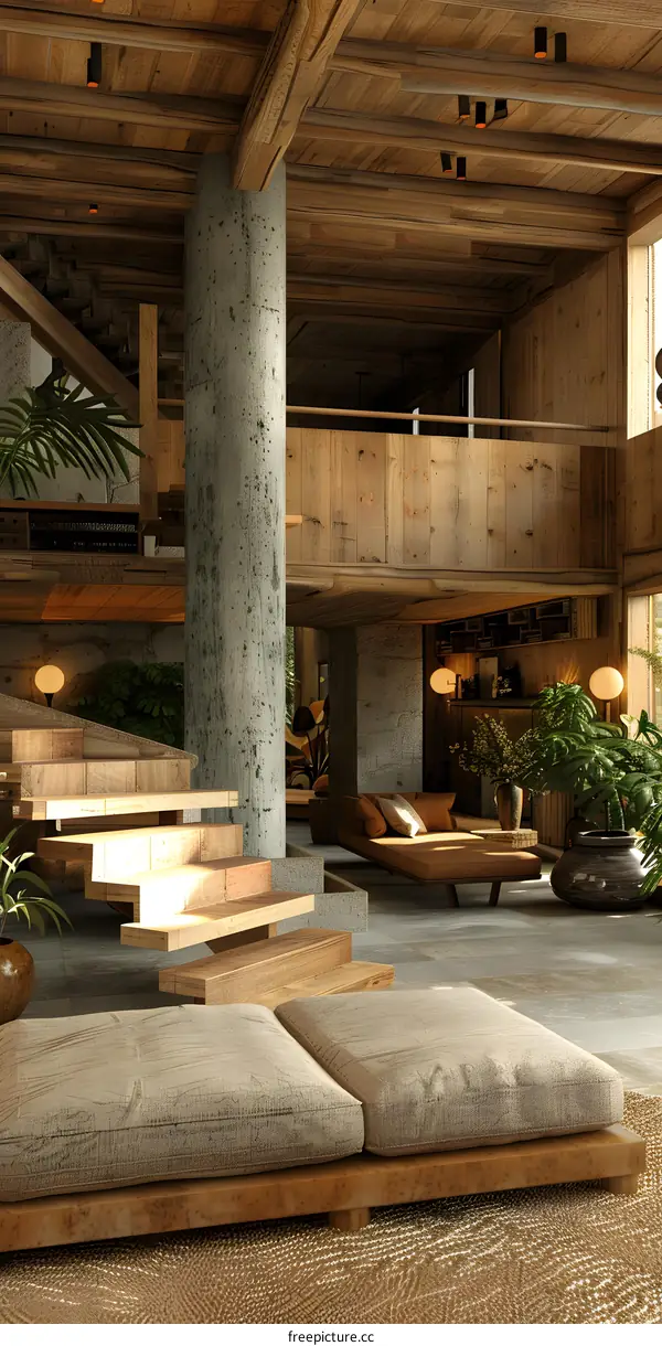 Modern Minimalist Interior Design with Wooden Beams and Concrete Pillars