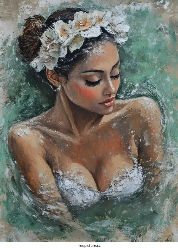 Woman with Flowers in Her Hair in Green Water