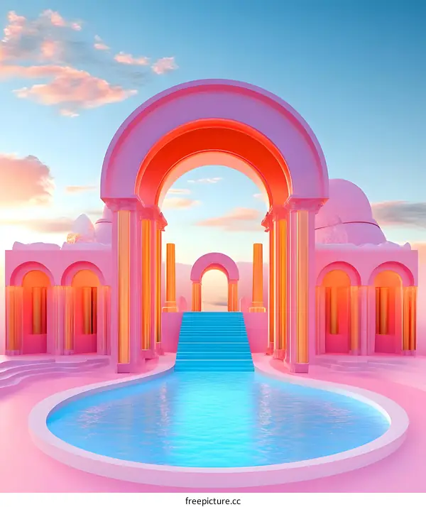 Pink and Blue Architectural Structure with Pool
