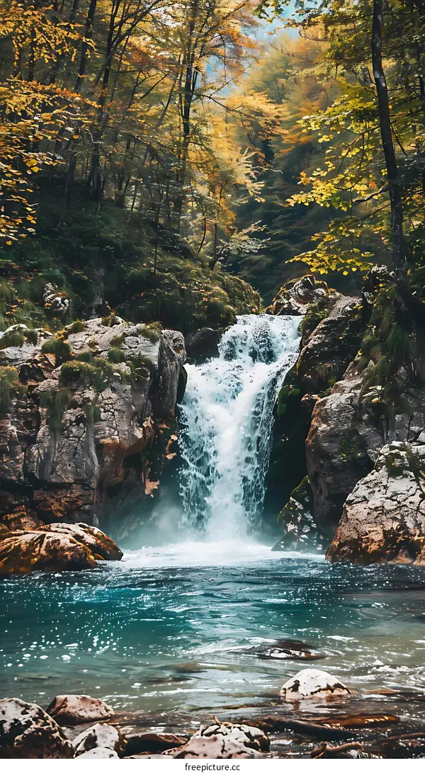 Waterfall in Forest Surrounded by Trees with Autumn Foliage