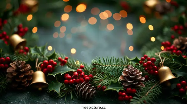 Christmas background with green branches, red berries and golden bells