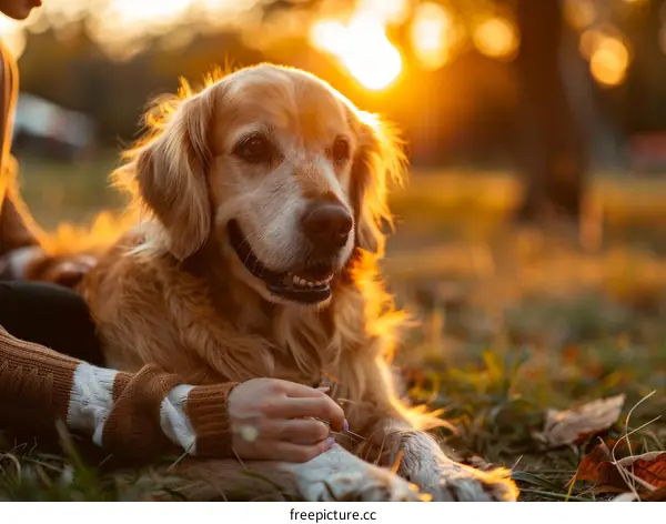 Golden Retriever lying on the grass with a woman