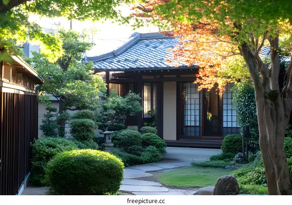 Traditional Japanese House Garden with Stone Path