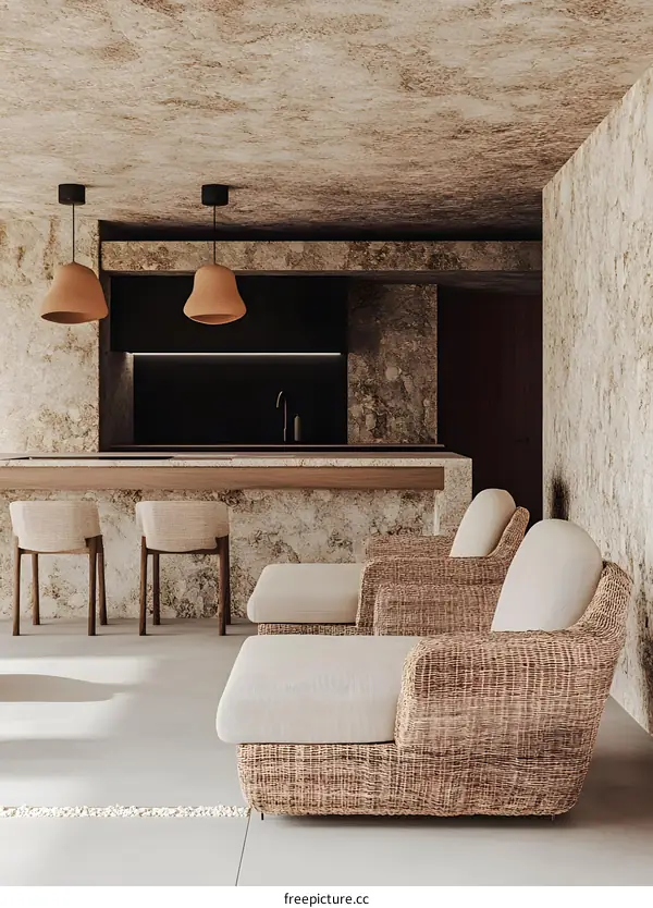 Modern Minimalist Interior Design with Wicker Lounge Chairs and Stone Walls
