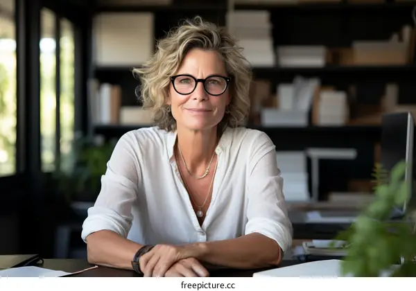 Portrait of a middle-aged blonde woman in a white shirt sitting at a desk in an office