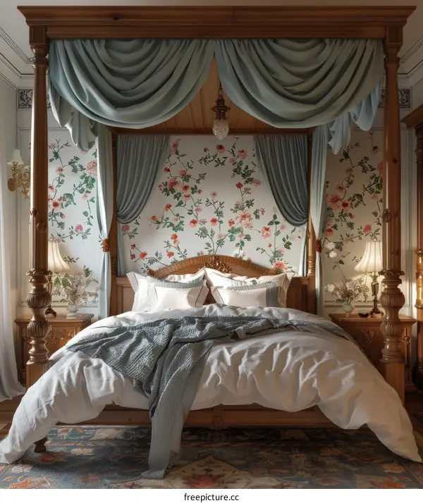Romantic Canopy Bed with Floral Pattern